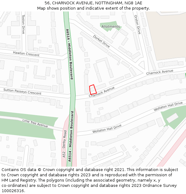 56, CHARNOCK AVENUE, NOTTINGHAM, NG8 1AE: Location map and indicative extent of plot