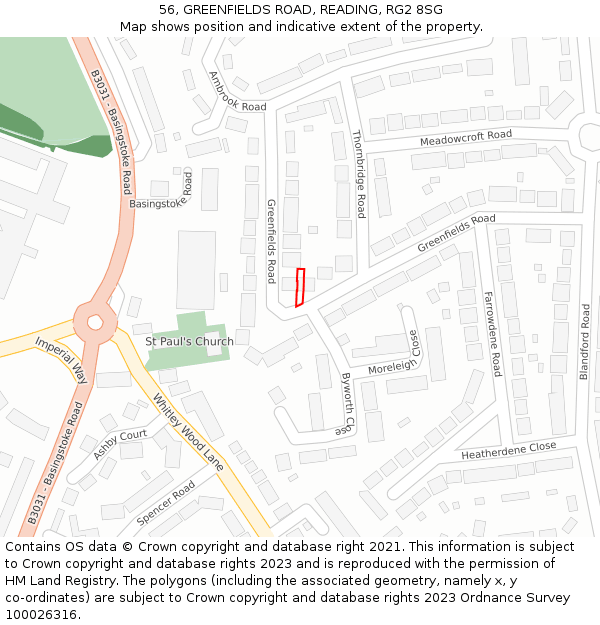 56, GREENFIELDS ROAD, READING, RG2 8SG: Location map and indicative extent of plot