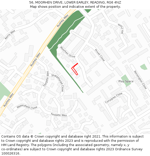 56, MOORHEN DRIVE, LOWER EARLEY, READING, RG6 4NZ: Location map and indicative extent of plot