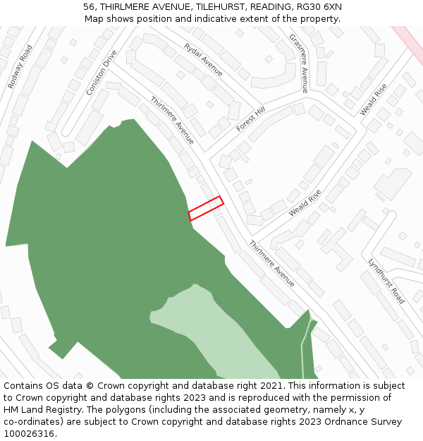 56, THIRLMERE AVENUE, TILEHURST, READING, RG30 6XN: Location map and indicative extent of plot