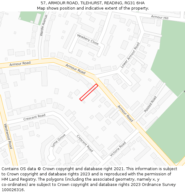 57, ARMOUR ROAD, TILEHURST, READING, RG31 6HA: Location map and indicative extent of plot