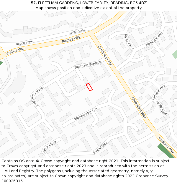 57, FLEETHAM GARDENS, LOWER EARLEY, READING, RG6 4BZ: Location map and indicative extent of plot