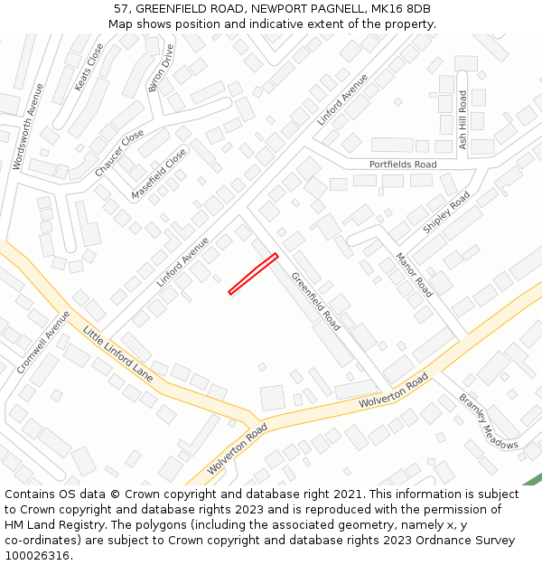 57, GREENFIELD ROAD, NEWPORT PAGNELL, MK16 8DB: Location map and indicative extent of plot