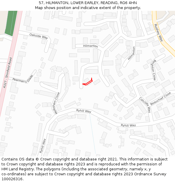 57, HILMANTON, LOWER EARLEY, READING, RG6 4HN: Location map and indicative extent of plot