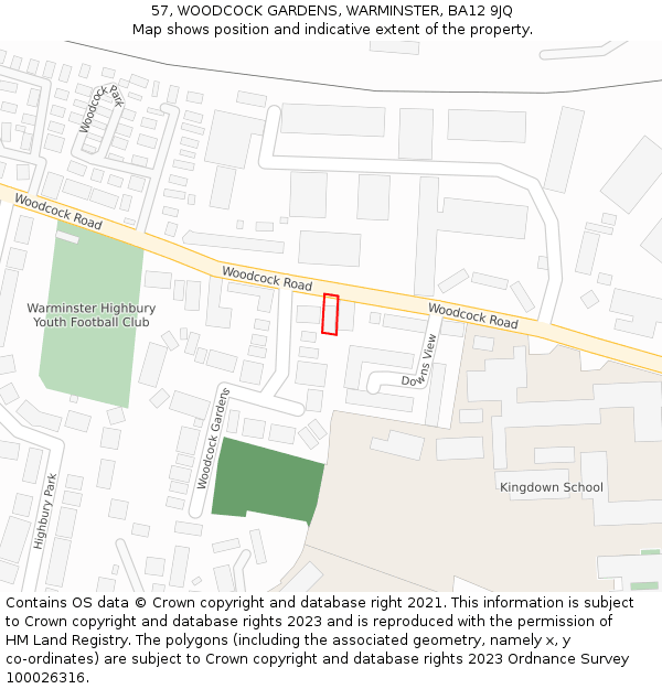 57, WOODCOCK GARDENS, WARMINSTER, BA12 9JQ: Location map and indicative extent of plot