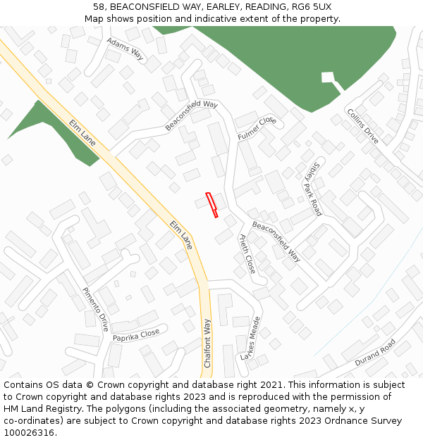 58, BEACONSFIELD WAY, EARLEY, READING, RG6 5UX: Location map and indicative extent of plot