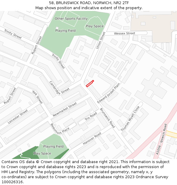 58, BRUNSWICK ROAD, NORWICH, NR2 2TF: Location map and indicative extent of plot
