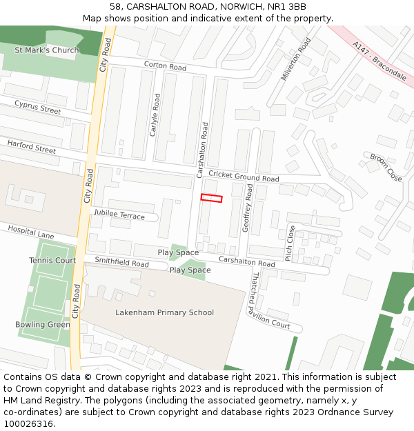 58, CARSHALTON ROAD, NORWICH, NR1 3BB: Location map and indicative extent of plot