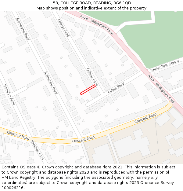 58, COLLEGE ROAD, READING, RG6 1QB: Location map and indicative extent of plot