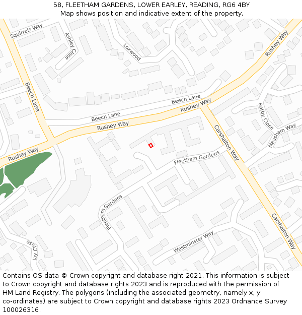 58, FLEETHAM GARDENS, LOWER EARLEY, READING, RG6 4BY: Location map and indicative extent of plot