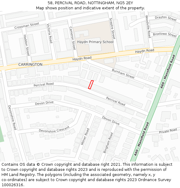 58, PERCIVAL ROAD, NOTTINGHAM, NG5 2EY: Location map and indicative extent of plot