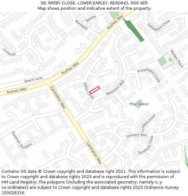 58, RATBY CLOSE, LOWER EARLEY, READING, RG6 4ER: Location map and indicative extent of plot