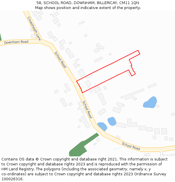 58, SCHOOL ROAD, DOWNHAM, BILLERICAY, CM11 1QN: Location map and indicative extent of plot