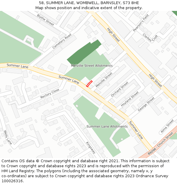 58, SUMMER LANE, WOMBWELL, BARNSLEY, S73 8HE: Location map and indicative extent of plot