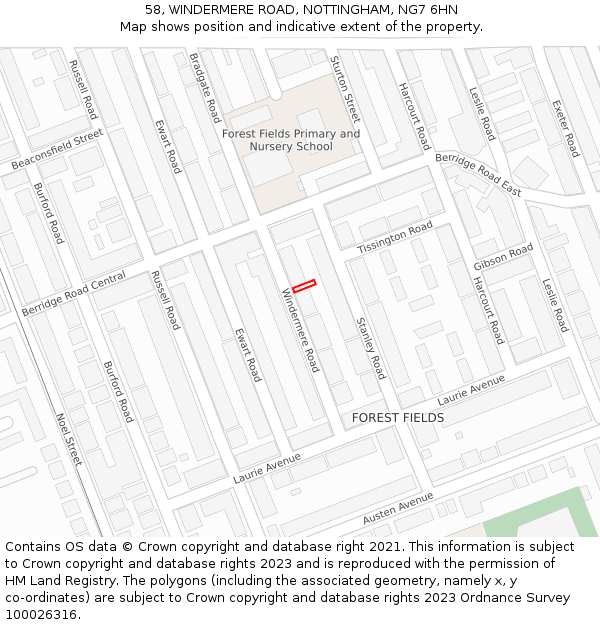 58, WINDERMERE ROAD, NOTTINGHAM, NG7 6HN: Location map and indicative extent of plot