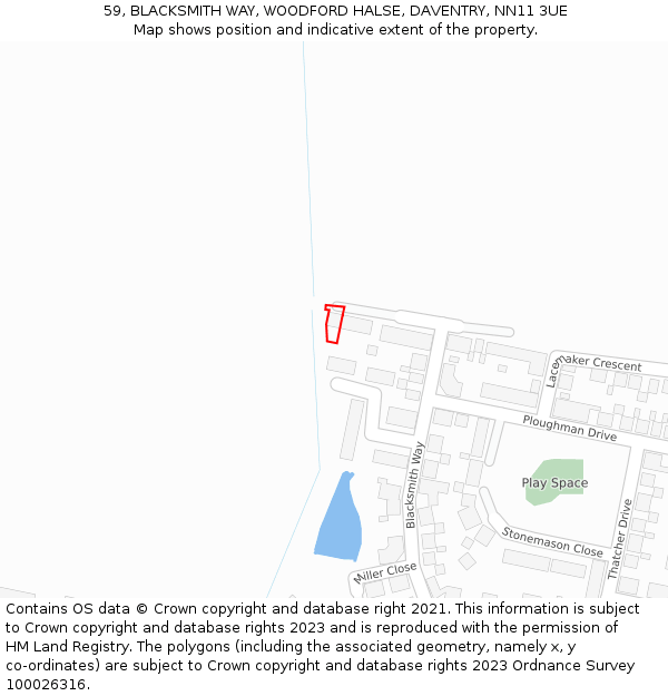 59, BLACKSMITH WAY, WOODFORD HALSE, DAVENTRY, NN11 3UE: Location map and indicative extent of plot
