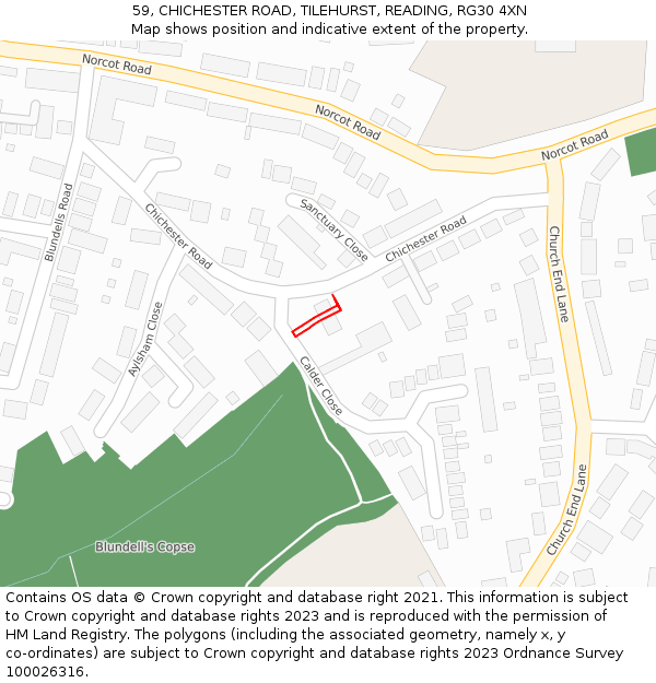 59, CHICHESTER ROAD, TILEHURST, READING, RG30 4XN: Location map and indicative extent of plot