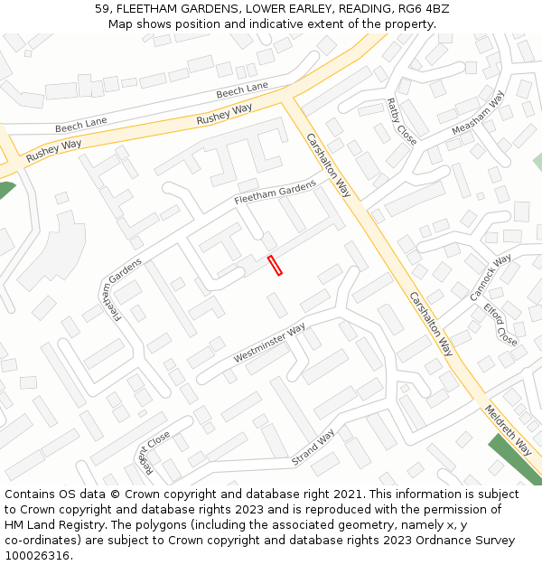 59, FLEETHAM GARDENS, LOWER EARLEY, READING, RG6 4BZ: Location map and indicative extent of plot