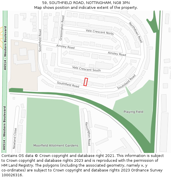 59, SOUTHFIELD ROAD, NOTTINGHAM, NG8 3PN: Location map and indicative extent of plot
