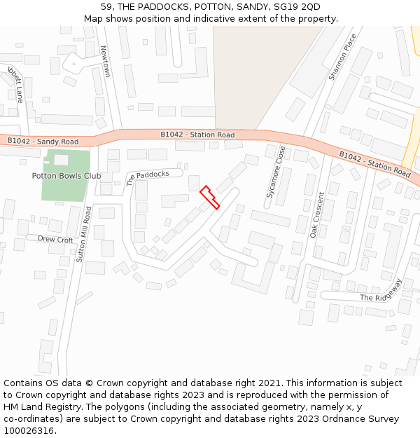 59, THE PADDOCKS, POTTON, SANDY, SG19 2QD: Location map and indicative extent of plot