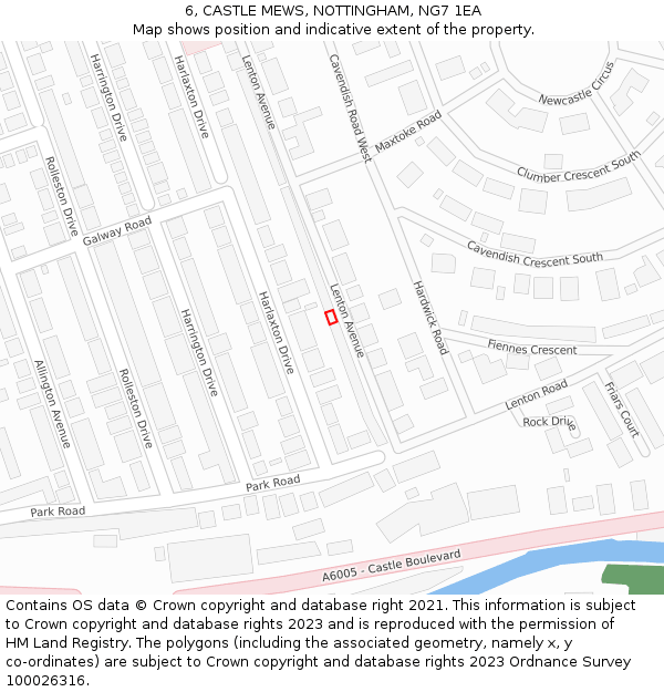 6, CASTLE MEWS, NOTTINGHAM, NG7 1EA: Location map and indicative extent of plot