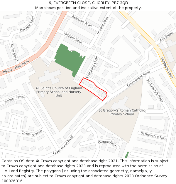 6, EVERGREEN CLOSE, CHORLEY, PR7 3QB: Location map and indicative extent of plot