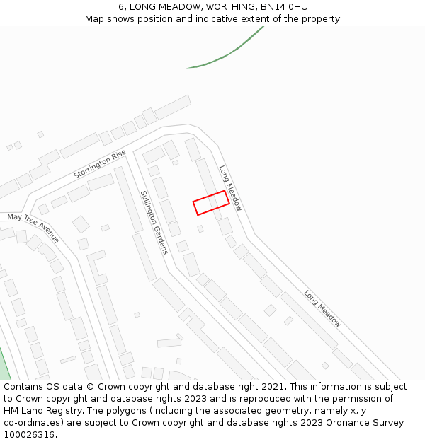 6, LONG MEADOW, WORTHING, BN14 0HU: Location map and indicative extent of plot