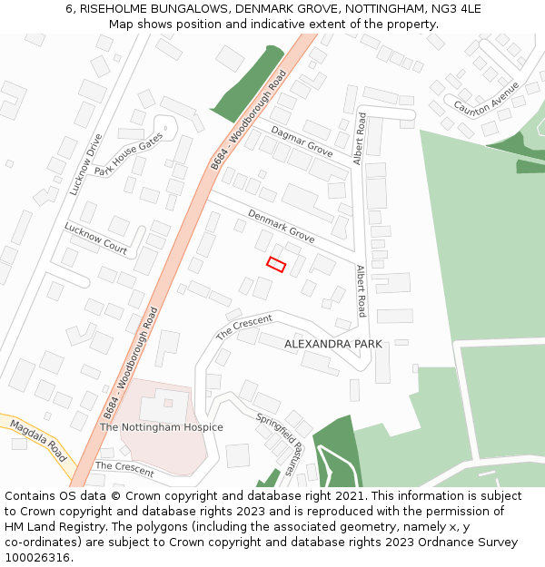 6, RISEHOLME BUNGALOWS, DENMARK GROVE, NOTTINGHAM, NG3 4LE: Location map and indicative extent of plot