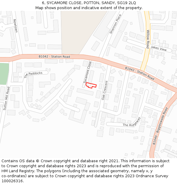 6, SYCAMORE CLOSE, POTTON, SANDY, SG19 2LQ: Location map and indicative extent of plot