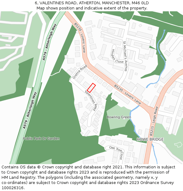6, VALENTINES ROAD, ATHERTON, MANCHESTER, M46 0LD: Location map and indicative extent of plot