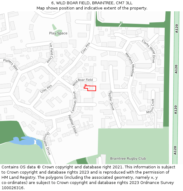 6, WILD BOAR FIELD, BRAINTREE, CM7 3LL: Location map and indicative extent of plot