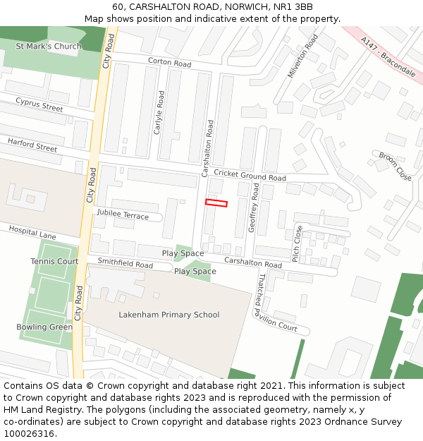 60, CARSHALTON ROAD, NORWICH, NR1 3BB: Location map and indicative extent of plot