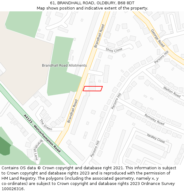 61, BRANDHALL ROAD, OLDBURY, B68 8DT: Location map and indicative extent of plot