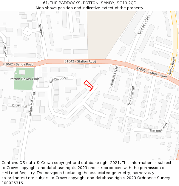 61, THE PADDOCKS, POTTON, SANDY, SG19 2QD: Location map and indicative extent of plot