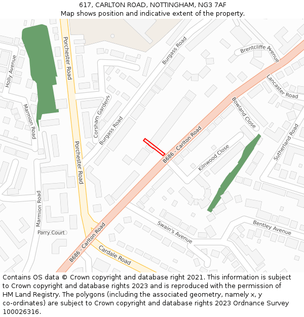 617, CARLTON ROAD, NOTTINGHAM, NG3 7AF: Location map and indicative extent of plot