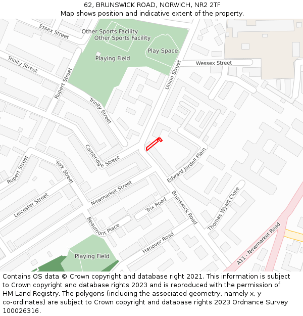 62, BRUNSWICK ROAD, NORWICH, NR2 2TF: Location map and indicative extent of plot