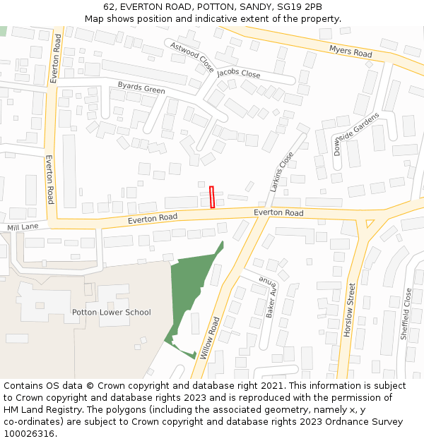 62, EVERTON ROAD, POTTON, SANDY, SG19 2PB: Location map and indicative extent of plot