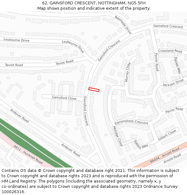 62, GAINSFORD CRESCENT, NOTTINGHAM, NG5 5FH: Location map and indicative extent of plot