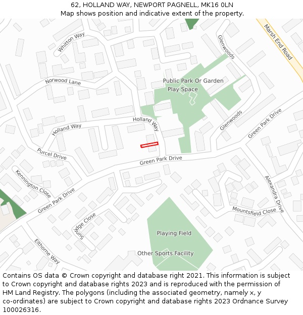 62, HOLLAND WAY, NEWPORT PAGNELL, MK16 0LN: Location map and indicative extent of plot