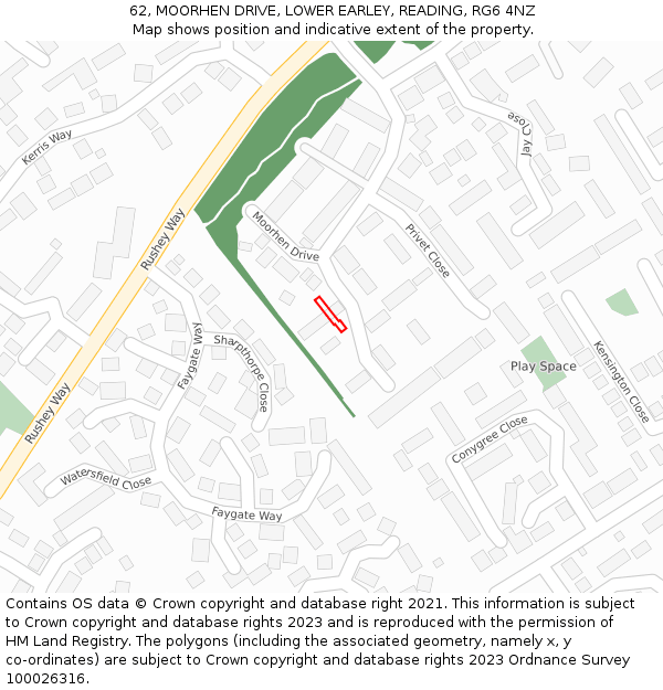 62, MOORHEN DRIVE, LOWER EARLEY, READING, RG6 4NZ: Location map and indicative extent of plot