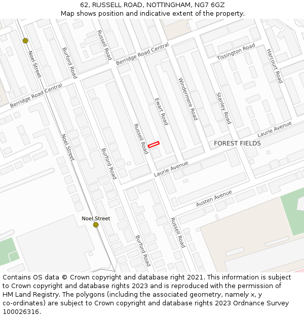 62, RUSSELL ROAD, NOTTINGHAM, NG7 6GZ: Location map and indicative extent of plot