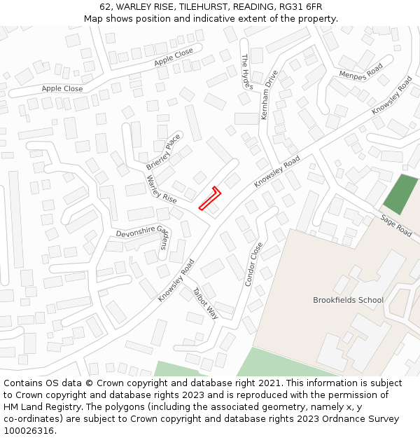 62, WARLEY RISE, TILEHURST, READING, RG31 6FR: Location map and indicative extent of plot