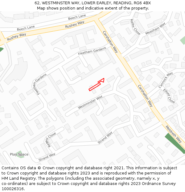 62, WESTMINSTER WAY, LOWER EARLEY, READING, RG6 4BX: Location map and indicative extent of plot