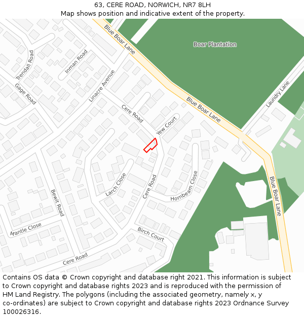 63, CERE ROAD, NORWICH, NR7 8LH: Location map and indicative extent of plot