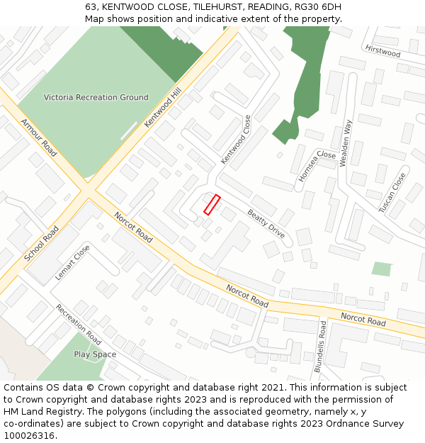 63, KENTWOOD CLOSE, TILEHURST, READING, RG30 6DH: Location map and indicative extent of plot