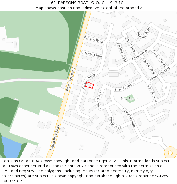 63, PARSONS ROAD, SLOUGH, SL3 7GU: Location map and indicative extent of plot