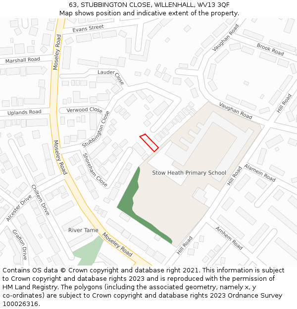 63, STUBBINGTON CLOSE, WILLENHALL, WV13 3QF: Location map and indicative extent of plot