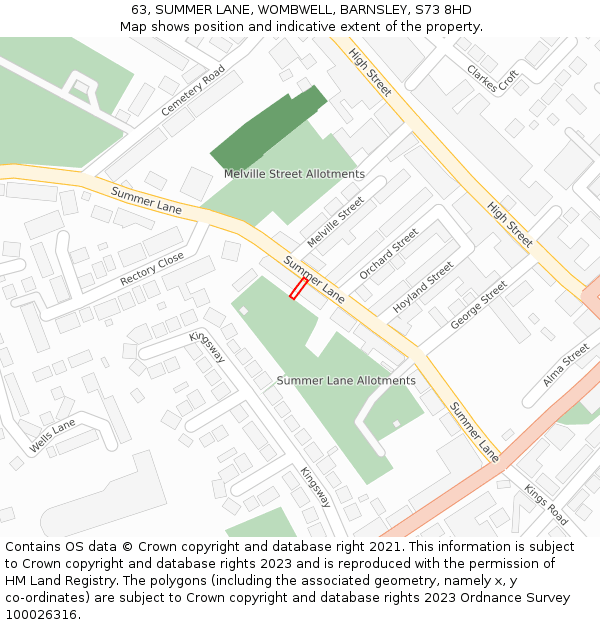 63, SUMMER LANE, WOMBWELL, BARNSLEY, S73 8HD: Location map and indicative extent of plot