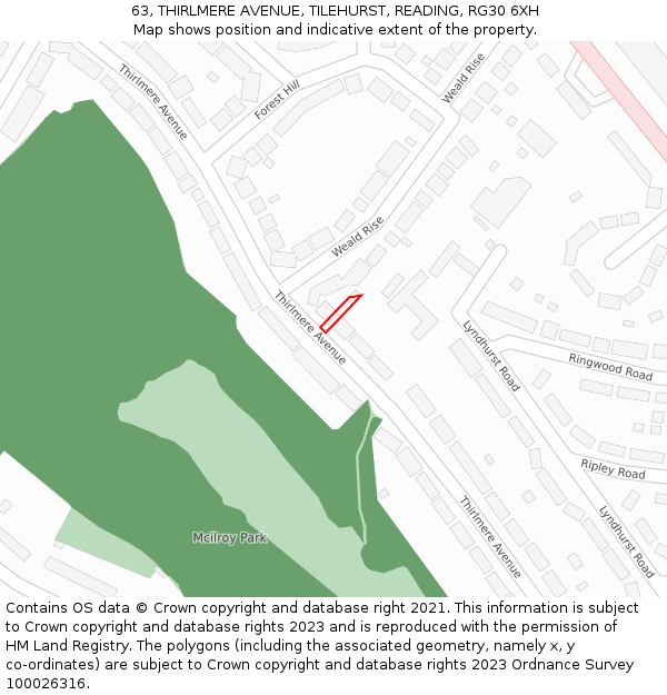 63, THIRLMERE AVENUE, TILEHURST, READING, RG30 6XH: Location map and indicative extent of plot