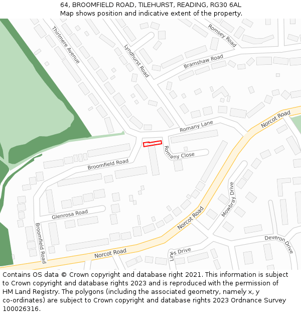 64, BROOMFIELD ROAD, TILEHURST, READING, RG30 6AL: Location map and indicative extent of plot